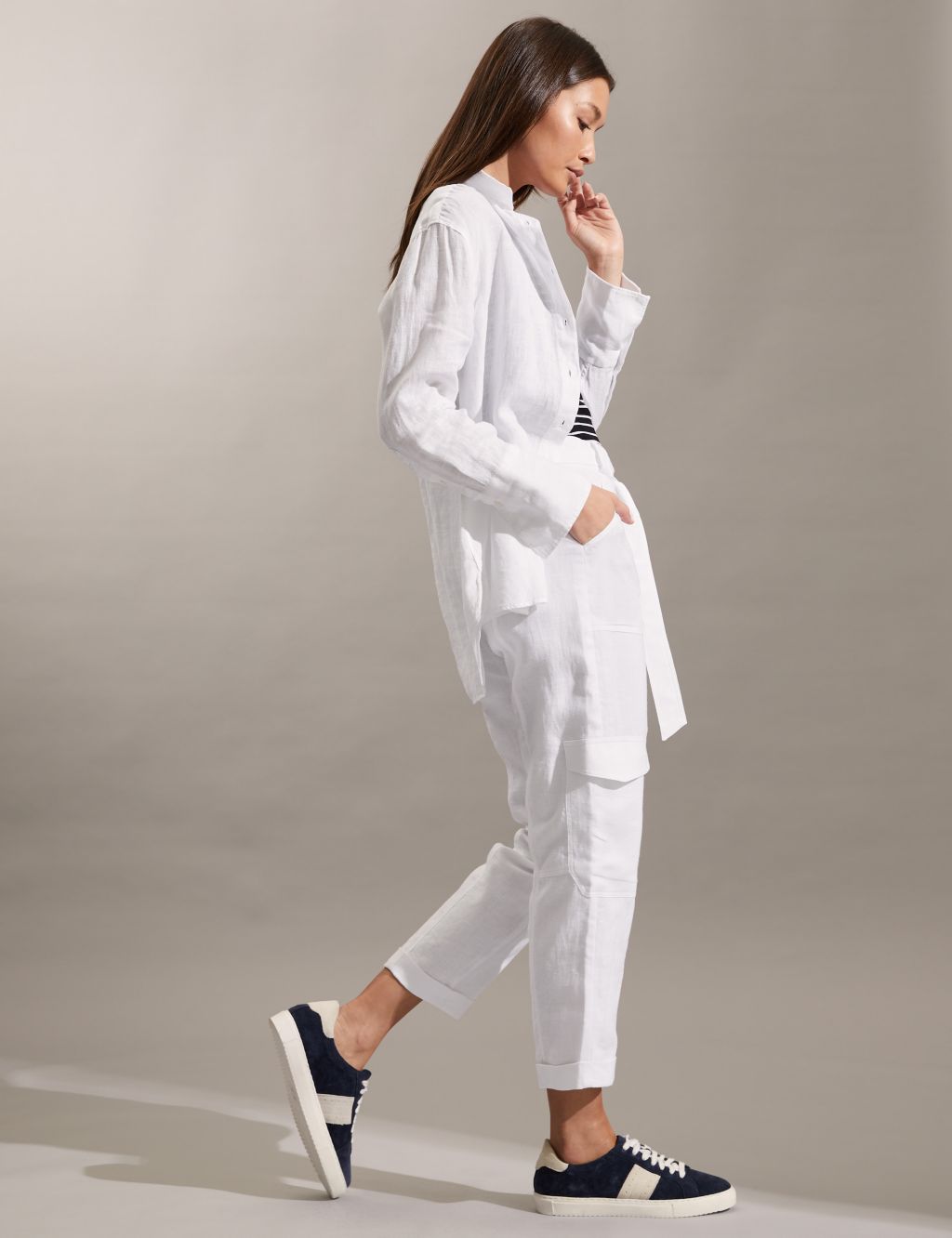 Pure Linen Cargo Belted Cropped Trousers image 2
