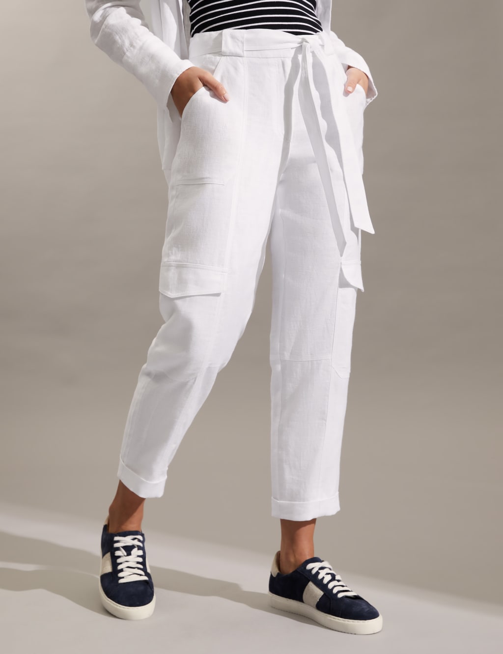 Pure Linen Cargo Belted Cropped Trousers image 3