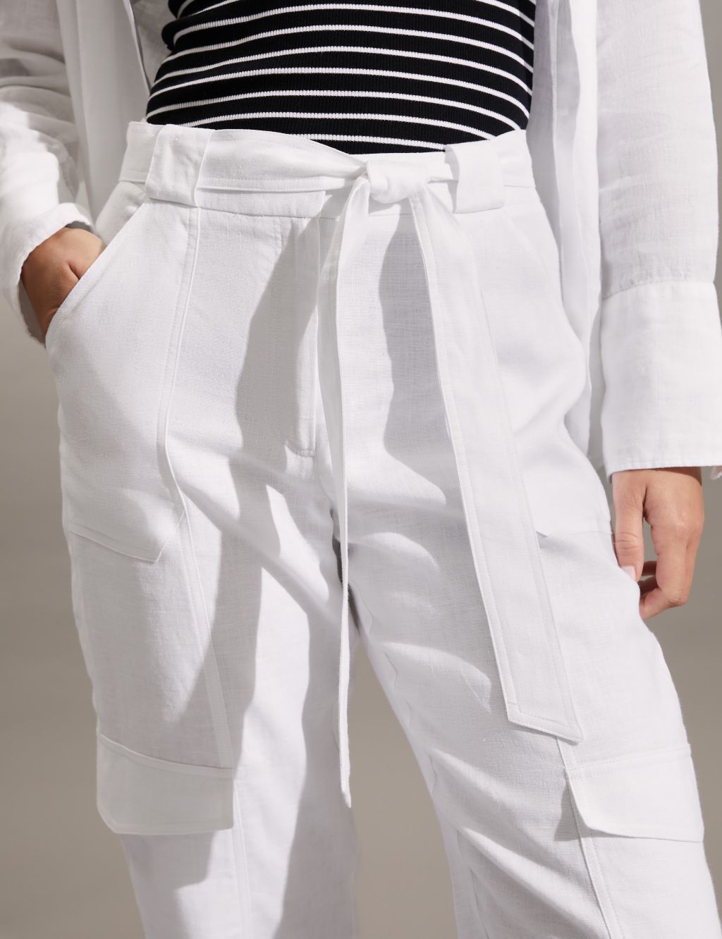 Pure Linen Cargo Belted Cropped Trousers image 4
