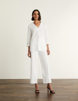 

JAEGER Womens Hose aus reinem Leinen mit geradem Bein - White, White