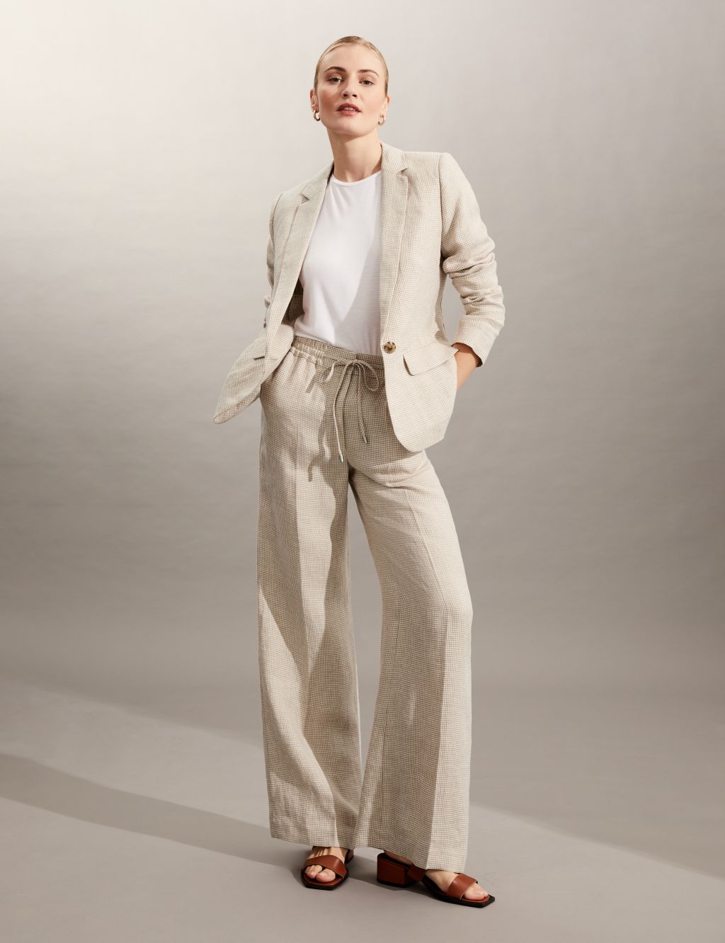 Pure Linen Houndstooth Wide Leg Trousers image 1