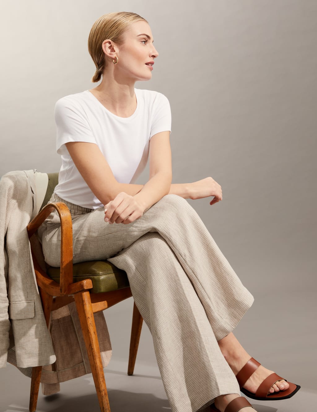 Pure Linen Houndstooth Wide Leg Trousers image 2