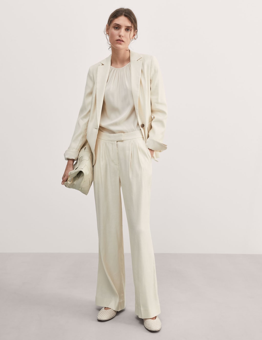 Linen Blend Pleat Front Wide Leg Trousers