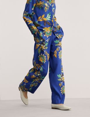 

JAEGER Womens Pure Lyocell™ Floral Wide Leg Trousers - Blue Mix, Blue Mix