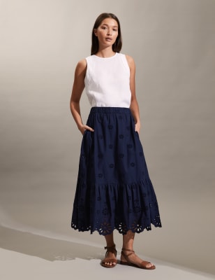 

JAEGER Womens Pure Cotton Broderie Midi Tiered Skirt - Navy, Navy