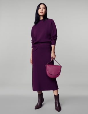 

JAEGER Womens Merino Wool Rich Ribbed Midi A-Line Skirt - Purple, Purple