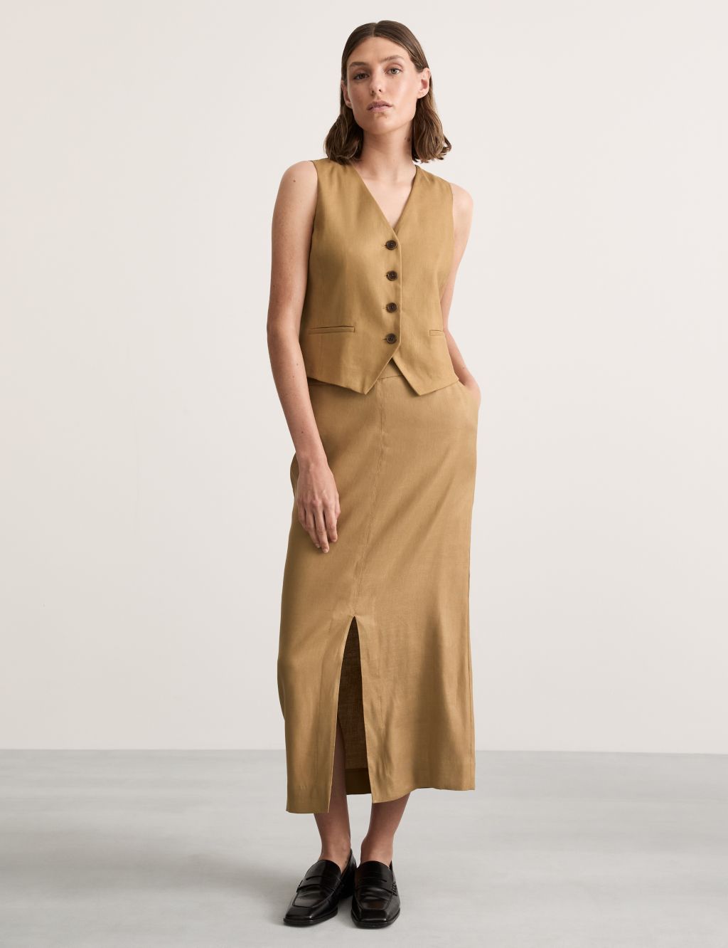 Linen Blend Midi Column Skirt