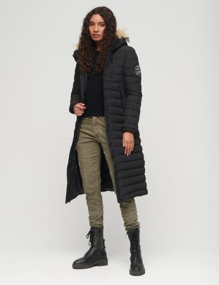 Superdry Womens Hooded Longline Puffer Coat - 8 - Black, Black,Navy