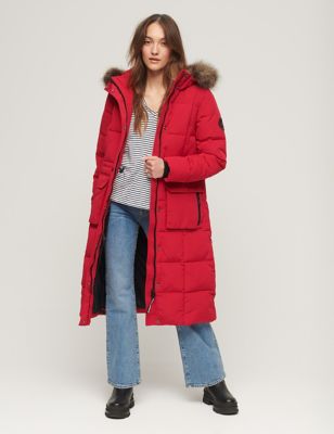 Superdry Womens Hooded Longline Puffer Coat - 8 - Red, Red,Dark Grey,Beige