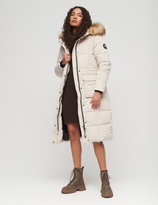 Superdry Women's Hooded Longline Puffer Coat - 10 - Beige, Beige