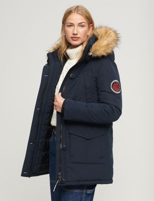 Superdry Womens Hooded Parka Coat - 16 - Navy, Navy,Red