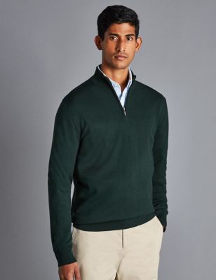 Charles Tyrwhitt Mens Pure Merino Wool Half Zip Jumper - Green, Green