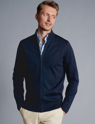 Charles Tyrwhitt Mens Pure Extra Fine Merino Wool Zip Up Cardigan - XL - Blue, Blue,Grey