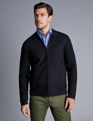 Charles Tyrwhitt Mens Pure Merino Wool Zip Up Knitted Jacket - XL - Blue, Blue