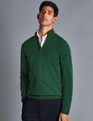 Charles Tyrwhitt Mens Pure Cashmere Half Zip Jumper - Dark Green, Dark Green