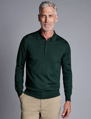 Charles Tyrwhitt Men's Pure Merino Wool Knitted Polo Shirt - Green, Green,Grey