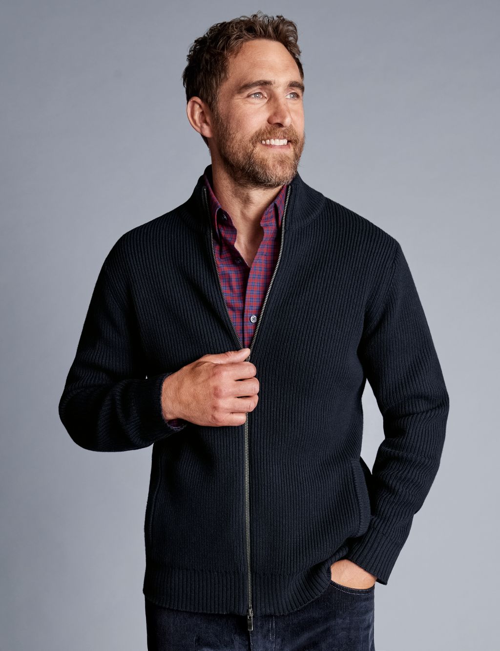 Pure Wool Ribbed Zip Up Cardigan