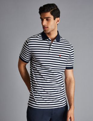 Charles Tyrwhitt Men's Cotton Rich Pique Striped Polo Shirt - XL - Navy Mix, Navy Mix