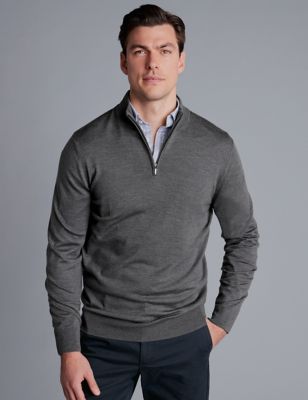 Charles Tyrwhitt Men's Pure Merino Wool Half Zip Jumper - S - Grey, Grey