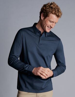 Charles Tyrwhitt Mens Pure Cotton Jersey Long Sleeve Polo Shirt - XL - Blue, Blue