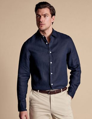 Charles Tyrwhitt Men's Slim Fit Pure Linen Shirt - Navy, Navy,Green
