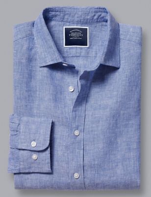 Charles Tyrwhitt Men's Slim Fit Pure Linen Shirt - Cobalt, Cobalt,White