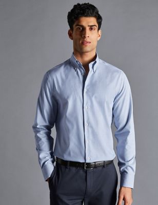 Charles Tyrwhitt Mens Non Iron Pure Cotton Striped Oxford Shirt - 14.533 - Blue, Blue