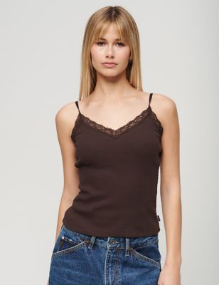 Superdry Pure Cotton Ribbed V-Neck Lace Trim Cami Top - 10-12 - Brown, Brown,Navy