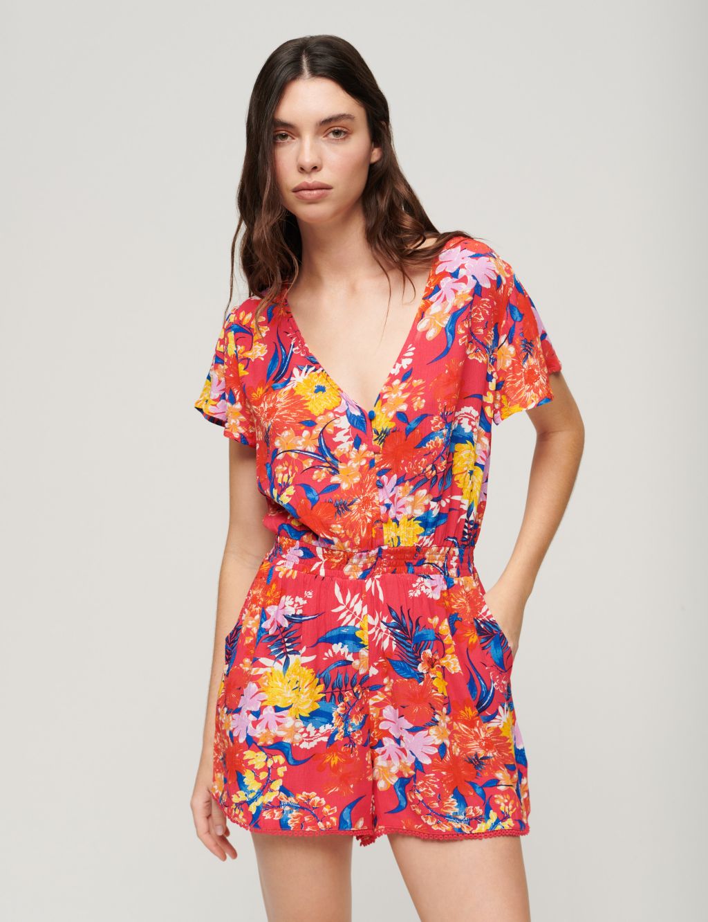 Floral Button Front Short Sleeve Playsuit