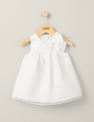 Mamas & Papas Girls Pure Cotton Bow Dress (0-3 Yrs) - 3-6 M - White, White