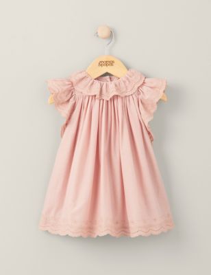 Mamas & Papas Girl's Pure Cotton Broderie Dress (0-3 Yrs) - 18-24 - Pink, Pink