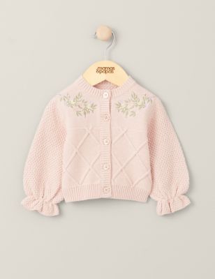 Mamas & Papas Girls Pure Cotton Floral Embroidered Cardigan (0-3 Yrs) - 3-6 M - Pink, Pink