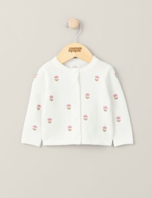 Mamas & Papas Girl's Pure Cotton Floral Knitted Cardigan (7lbs-12 Mths) - 3-6 M - White, White