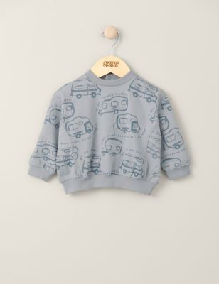 Mamas & Papas Newborn Boys Pure Cotton Caravan Print Sweatshirt (0-3 Yrs) - 3-6 M - Blue, Blue