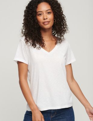 Superdry Womens Cotton Rich V-Neck Relaxed T-Shirt - 8 - White, White,Green,Burgundy,Navy,Black,Pink