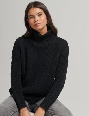 Superdry Womens Pure Cotton Cable Knit Roll Neck Jumper - 8 - Black, Black,White