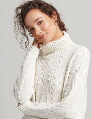 Superdry Womens Pure Cotton Cable Knit Roll Neck Jumper - 16 - White, White