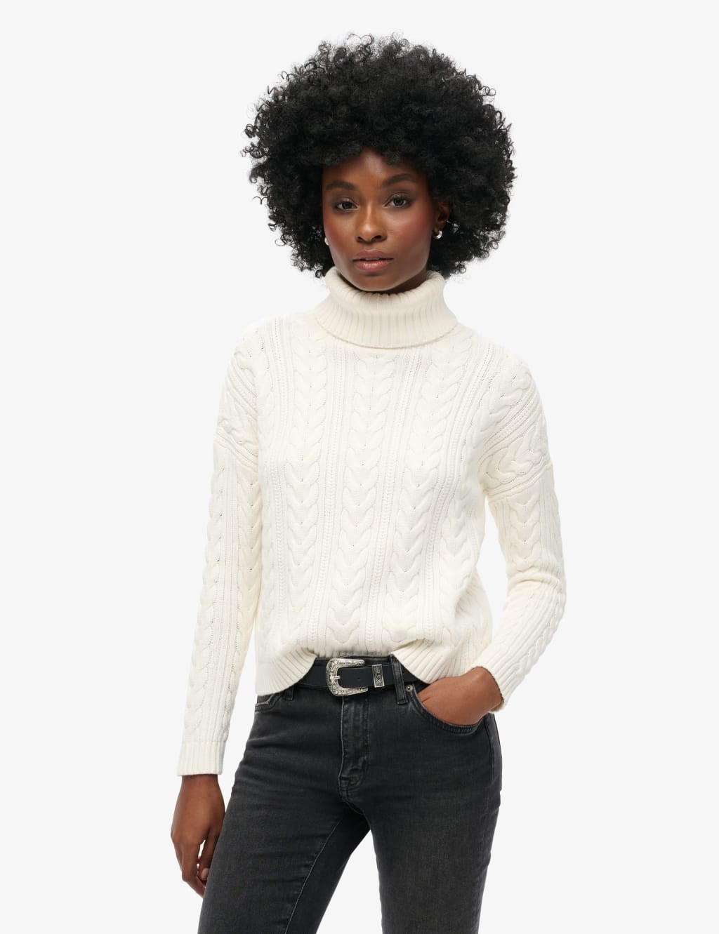 Pure Cotton Cable Knit Roll Neck Jumper