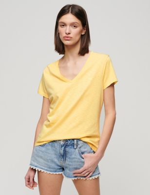 Superdry Womens Lyocell Blend V-Neck Relaxed T-Shirt - 16 - Yellow, Yellow
