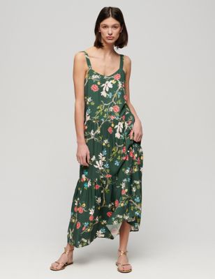 Superdry Women's Floral Strappy Maxi Tiered Dress - 16 - Green, Green