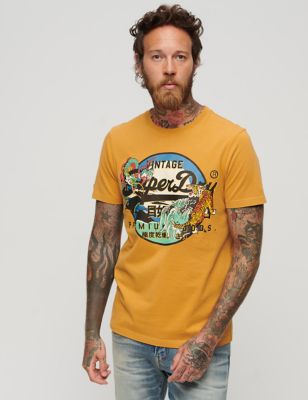 Superdry Mens Relaxed Fit Pure Cotton Logo Graphic T-Shirt - Yellow, Yellow,Cream