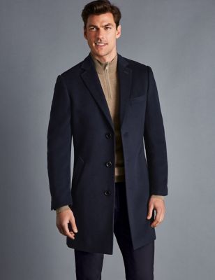 Charles Tyrwhitt Mens Pure Wool Overcoat - 42REG - Blue, Blue,Grey