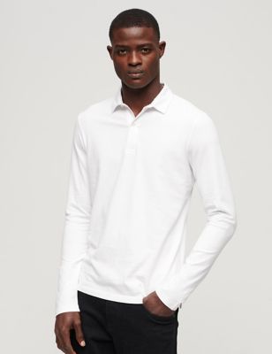 Superdry Men's Slim Fit Pure Cotton Long Sleeve Polo Shirt - White, White