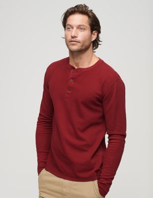 Superdry Mens Relaxed Fit Pure Cotton Waffle Henley Top - S - Red, Red,Green