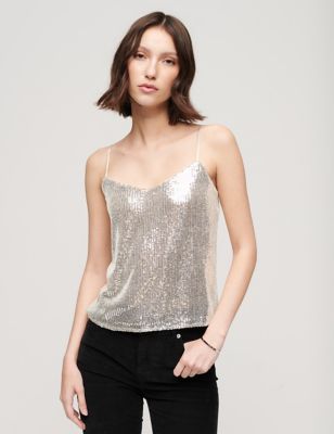 Superdry Womens Sequin Cami Top - 8 - Silver, Silver