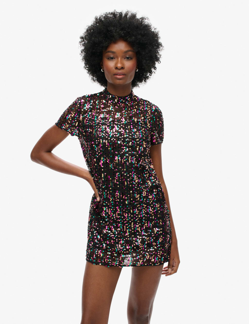 Sequin High Neck Mini T-Shirt Dress