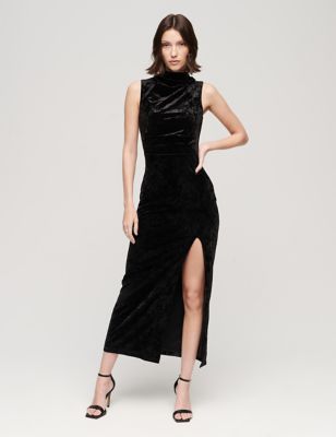 Superdry Womens Velvet High Neck Maxi Bodycon Dress - 16 - Black, Black,Burgundy