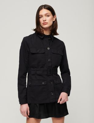 Superdry Womens Pure Cotton Belted Utility Jacket - 6 - Black, Black,Khaki