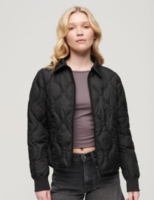 Superdry Womens Quilted Lightweight Collared Cropped Jacket - 6 - Black, Black,Green