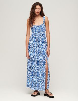 Superdry Women's Printed Square Neck Strappy Maxi Slip Dress - 16 - Blue Mix, Blue Mix